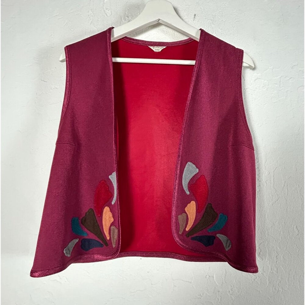 Vintage Womens Floral Embroidered Vest Pink Red Open Front Lightweight Japanese